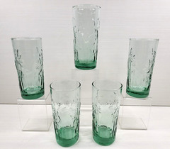 (5) Libbey Iris Spanish Green Tumblers Set Flower Embossed Textured Glasses Lot