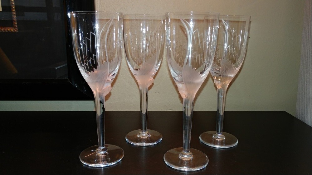 Lalique France Vintage Crystal-4- Angel Wing wine glases -signed- 8in hgt