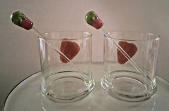 Strawberry Drinking Glasses w/ Acrylic Strawberry Topped Stirrers Set of 2