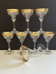 Cellini Martini Glasses Italy 1970’s Etched Crystal 24k Gold Rim Set of 8