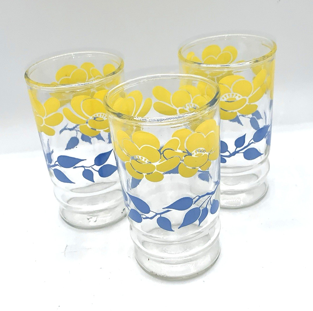 3 Vintage Yellow Flowers Blue Leaves Glasses Tumblers 8 oz Floral Cottage Core