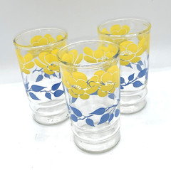 3 Vintage Yellow Flowers Blue Leaves Glasses Tumblers 8 oz Floral Cottage Core