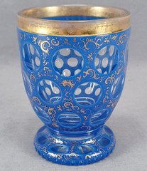 Mid 19th Century Bohemian Blue Cut Overlay & Gold Scrollwork Footed Tumbler