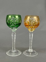 2 Echt Bleikristall Cut to Clear 4 5/8″ Cordial Glasses Amber & Green: MINT