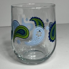 Vintage Set of 2 CRISA LIBBEY Glass Paisley Blue Green White 4.5″ stemless wine