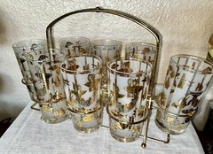 Lotus “Bon Appetite” Set Of 8 Glasses W/Carrier Fish Lobster MCM Vintage NOS