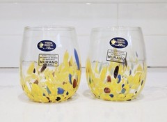 Murano White Crystal Hand Blown Yellow Confetti Art Glass Tumblers 2/Set MI Ital