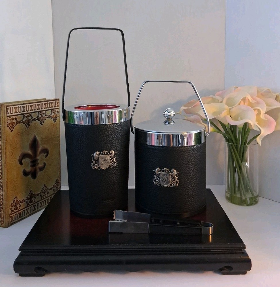 Japanese Heraldic Crest Bar Set w/Rare Red Liners; 3 Pc Set! Bucket/Cooler/tongs