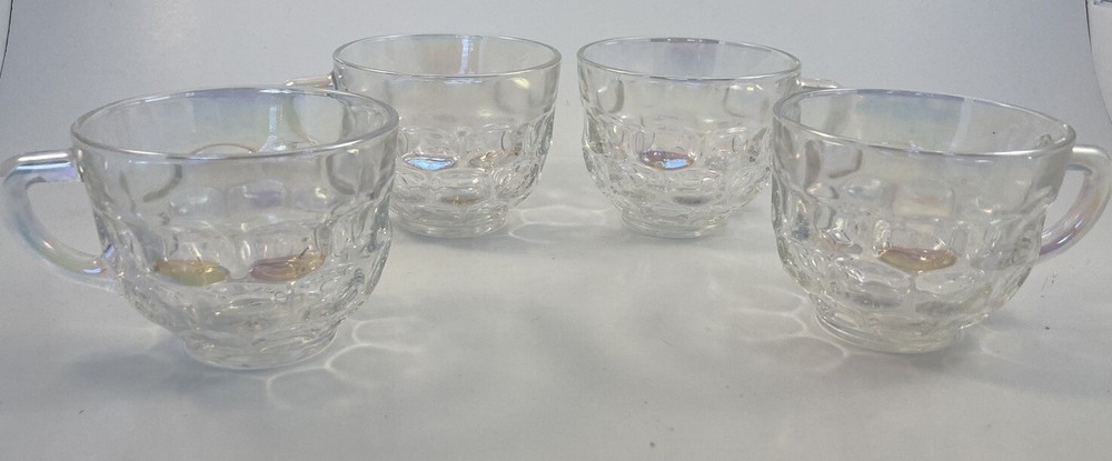 Federal Glass Iridescent Opalescent Punch Bowl Cups Mugs Set Of 4