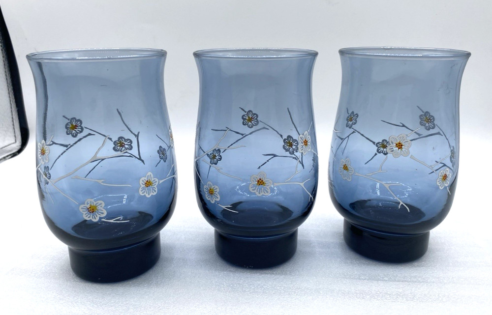 Vintage Libbey Dogwood Smokey Blue Water Glasses Set of 3 16oz Retro