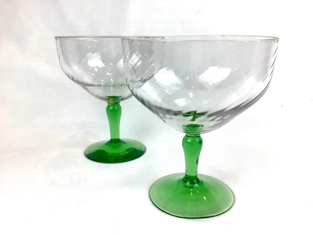 Vintage Uranium Glass Optic Swirl (2) Sherbet Grapefruit Compote EXCELLENT (2-6)