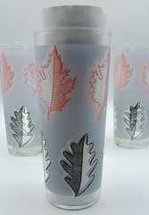 Vintage Libbey Frosted Pink Black Leaf Tom Collins Tumblers Glasses Set 4 Bar