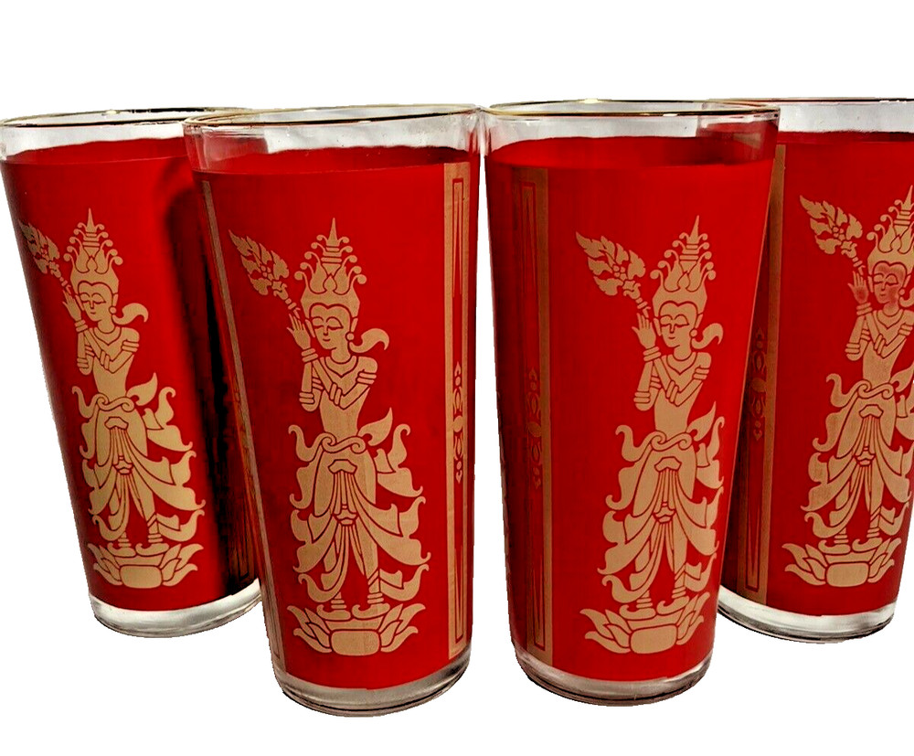Culver Mandalay Set of 4 Vintage Highball Cocktail Glasses Thai Siam Goddess (A)