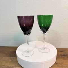 MURANO Tulip Based Wine Glasses Purple & Green Clear Ribbed Stem Goblets Set 2