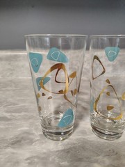 Vintage Federal Atomic Amoeba Boomerang Turquoise Gold Glasses Set of 6