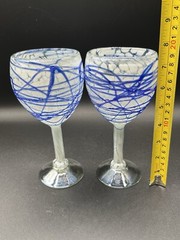 2 Hand Blown Wine Water Glasses Goblet White Blue Cobalt Swirl Clear Base