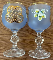 2 Bohemian Crystal Wine Glasses, frosted, gold trim, 4 oz, purchased never used
