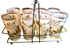 1950’s Libby Gold Leaf Frosted Glasses Set Of 8 With Metal Caddy