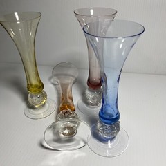 Vintage Hand Blown Glass Multi-color Champagne Flutes w/Icy Ball Stems 2.5oz – 4
