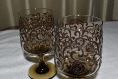 2 Vintage MCM Libbey Prado Stemmed Wine Glasses Scroll Embossed Tawny Brown