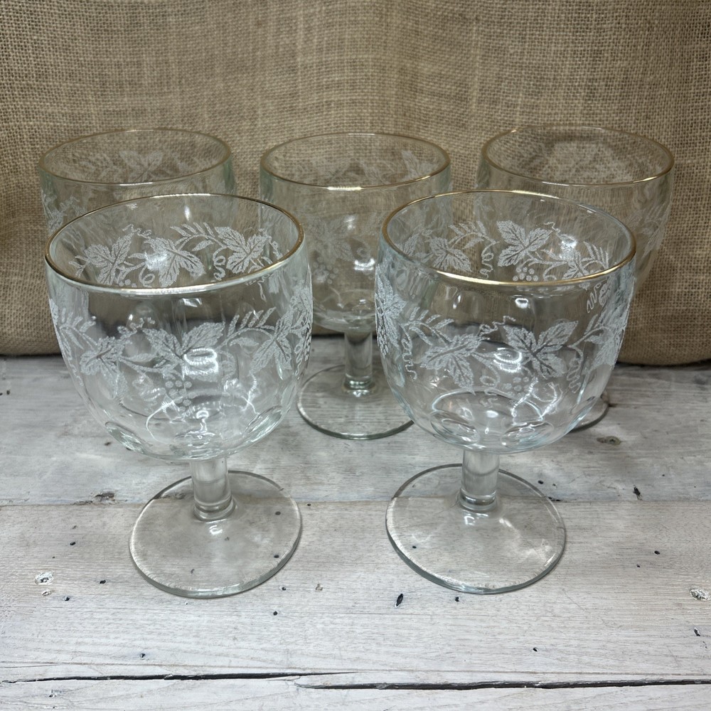 (5) Bartlett Collins Grapes & Leaves Water Goblets Etched w/ Gold Rims 5 3/4” t