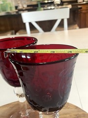 Vintage Large Red & Clear Glass Goblets, Etched White Filigree, set of 3, EUC