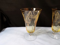 Set of 5 Fostoria Topaz Yellow Glass Trojan Ice Iced Tea Goblets Footed Tumblers
