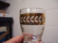 Set 6 Mid Century Heavy Knob Bottom Gold Etched Leaf Tumblers Mad Men Roly Poly