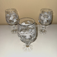 VTG Crystal Brandy Cognac Snifter 3 Glasses~Hand Painted Grapes Vine Silver Rim