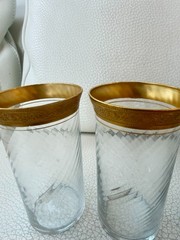 SET OF 6 VINTAGE CLEAR GLASS CUPS GOLD GILT RIM FLORAL SCROLL BARWARE