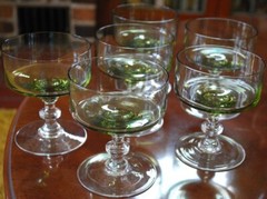SASAKI REGENCY Vtg MCM Set 6 Champagne/Sherbet Glasses OLIVE GREEN w Clear Stem