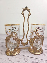 Gold Tone Cordial Glasses Ornate Caddy Set Barware Mismatched Design VTG