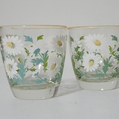 2 VTG Libbey Daisy Flower Juice Glass Tumbler, Retro, MCM, 3 1/2” Tall. Spring