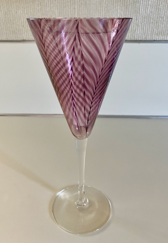 VINTAGE STEPHEN SMYERS HAND BLOWN ART GLASS LRG GOBLET WINE GLASS PULLED FEATHER