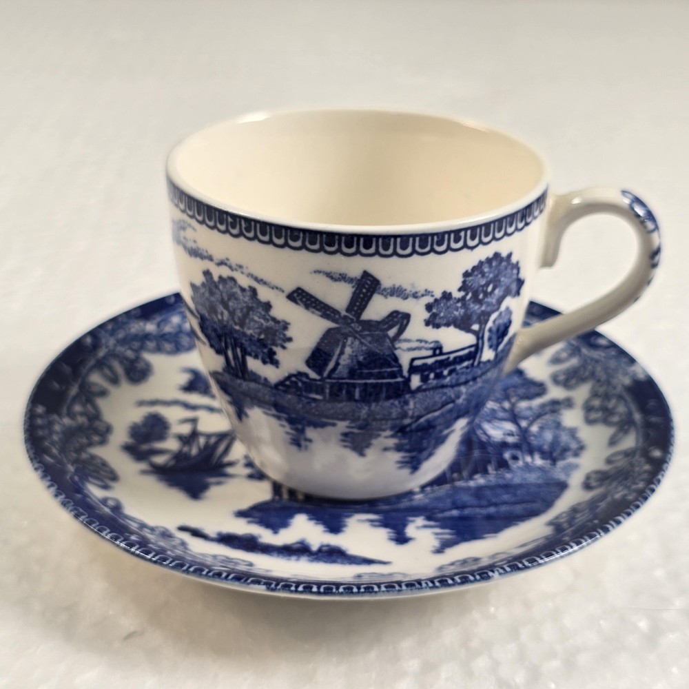 Vintage Blue White Transferware Tea Cup & Saucer Windmill Landscape Scene