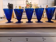 Depression Glass Cobalt Blue Set of 5 Parrot Footed Glasses. 3.5″Silver Overlay