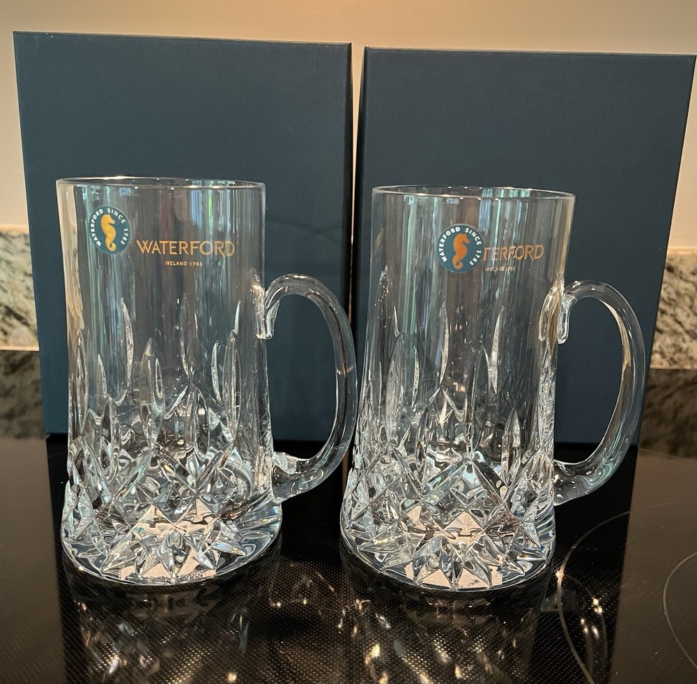 NEW PAIR of Boxed WATERFORD Beer Crystal Mugs 1057814 Made in Slovenia Nice!