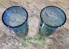2 Festival Green & Blue Champagne Flutes Block Glass Stemmed 10.25″ Hand Crafted