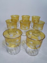 8 Pc.Beautiful Yellow CutTo Clear Etched Floral Thin Gold Gilt 8oz.Glasses