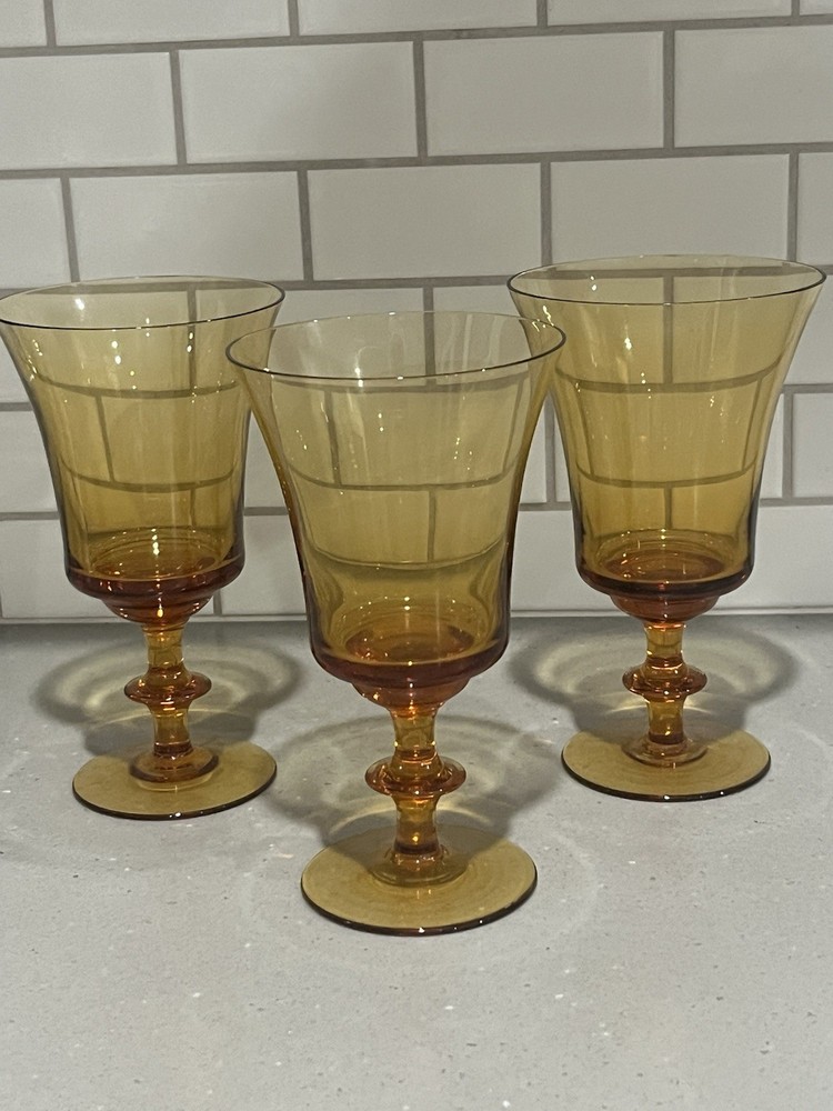 3 Gorham Elegance Amber Crystal Wafer Stem Wine Water Glasses 6.75” 1970s 12 Oz