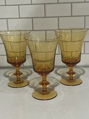 3 Gorham Elegance Amber Crystal Wafer Stem Wine Water Glasses 6.75” 1970s 12 Oz