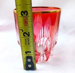 Cranberry Cut to Clear Shot Glasses Set of 4 Gold Gilded Rim Bohemian Vintage
