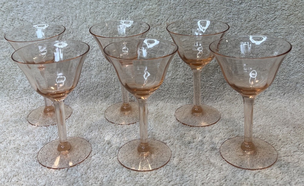 6 Pink Vintage Depression Swirl Optic Champagne Sherbet Glasses Set