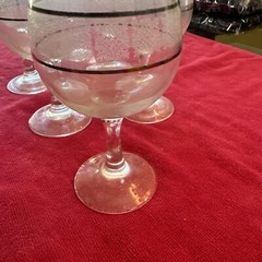 VTG Set Of 6 Wine Glasses Clear Stemware With Silver Bands & White Lace Retro