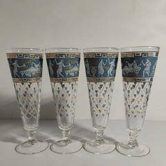 Vintage Greek Scene Etruscan Frieze Glasses by Cera Blue & Gold & White Set of 4