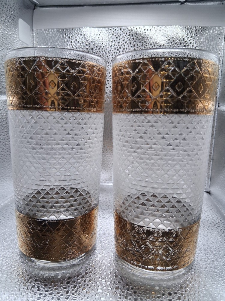 MCM Set of 2 CULVER 22kt Gold Gilded Scintilla Village Highball Tumblers Barware