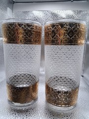 MCM Set of 2 CULVER 22kt Gold Gilded Scintilla Village Highball Tumblers Barware