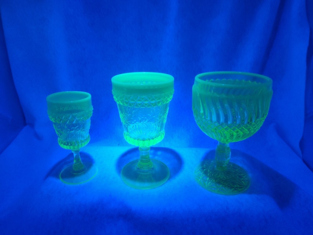 Uranium Glass Goblets: Set of 3 different sizes and designs