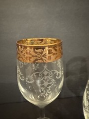 Set Of 3 Bernini 24K GOLD Trim Etched Blown Crystal Wine Glasses Italy 8” Tall