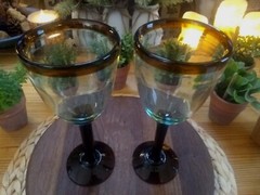 Art Studio Hand Crafted Heavy Glass Goblets Teal W/ Amber Rim & Stem PAIR